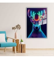Metal Çerçeveli Temperli Cam Tablo Neon Renkli Geyik (Gümüş)