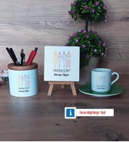 Modelist Hediye Seti Dekoratif Taş, Kalemlik, Ahşap Altlıklı Türk Kahvesi Fincanı Hediye (Model 9)