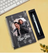 Kişiye Özel Fotoğraflı Telli Defter & Kalem Hediye Seti (Beyaz - Antrasit)