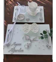 Adore Gümüş Beyaz İncili Söz Tepsisi Nişan Tepsisi ve Damat Kahve Fincan Tepsisi (Pembe)
