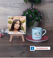 Rehber Öğretmen Fotoğraflı Dekoratif Taş, Ahşap Altlıklı Türk Kahvesi Fincanı Hediye (Model 6)