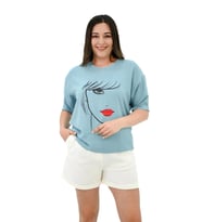 Kadın Büyük Beden Yüz Baskılı T-shirt 1788-25 (Petrol Mavisi)