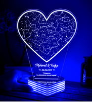 Kalp Yıldız Haritası, Sevgiliye Hediye Kişiye Özel 3D LED Lamba (Mavi)