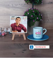 Almanca Öğretmeni Fotoğraflı Dekoratif Taş, Ahşap Altlıklı Türk Kahvesi Fincanı Hediye (Model 5)