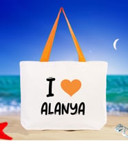 BK Gift I Love Alanya Renkli Kulp Kanvas Plaj Çantası 48x40m, Baskılı Omuz Çantası, Alışveriş Çantası (Turuncu)