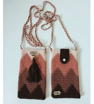 Çok Renkli Örgü Telefon Çantaları , Handmade Wayuu Telefon Kılıfı,  El yapımı Telefonluk (TOPRAK-KAHVE)