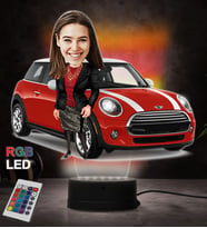 Doğum Günü Hediyesi,Sevgiliye Hediye, Kişiye Özel Fotoğraflı Mini Cooper Tasarımlı Kadın Karikatür 3D Led Lamba (RGB)