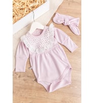 Güpürlü Bandanalı Kız Bebek Tulum Bebek Çıt Çıtlı Body (Pudra)