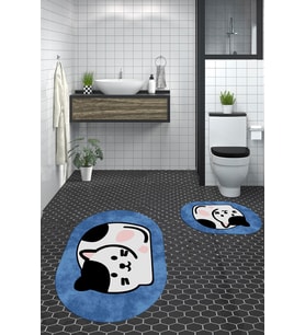 EVDEYA 3D Dijital Yıkanabilir Kedi Desen İkili Banyo Halısı Paspas Oval Klozet Takımı, OKLOZET-43-BEYAZ, (Mavi)