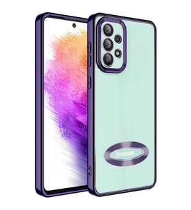 Samsung Galaxy A32 4G Kılıf Case, Logo Showing Serisi, Şeffaf, Kamera Korumalı, Logo Gösteren Renkli Çizgi Tasarım (Mor)