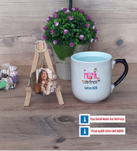 Müzik Öğretmeni Kupa Bardak Beyaz ve Fotoğraflı Ahşap Anahtarlık Hediye (Model 10)