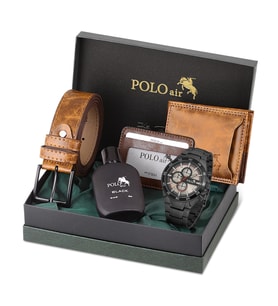 Polo Air Erkek Set Kombin Kemer Cüzdan Kartlık Parfüm Kol Saati Hediyelik Kutusunda Set PL-0961E (Siyah-Taba)