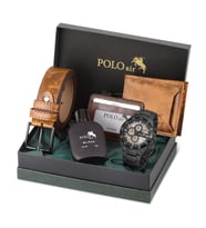 Polo Air Erkek Set Kombin Kemer Cüzdan Kartlık Parfüm Kol Saati Hediyelik Kutusunda Set PL-0961E (Siyah-Taba)