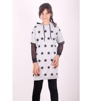Toontoy Kız Çocuk Yıldız Baskılı Kapşonlu Elbise ( Gri-Melanj)