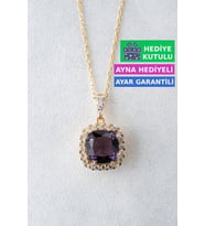 Jewelmim Mor Taşlı Gümüş Prenses Kolye Sarı Altın Kaplama Kare Taşlı Kolye 925 Ayar Kadın Gümüş Kolye (Sarı)