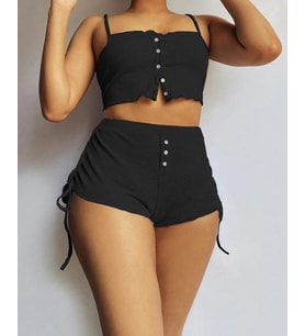 Kadın Ip Askılı Crop Bluz Ve Yanlardan Büzgülü Ikili Kaşkorse Short Takım (Siyah)