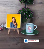Unicorn Fotoğraflı Dekoratif Taş, Ahşap Altlıklı Türk Kahvesi Fincanı Hediye (Model 9)