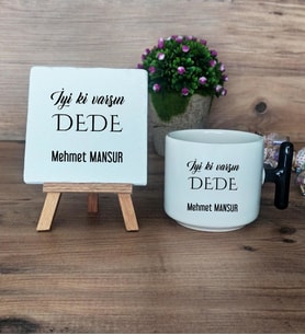 İyi Ki Varsın Dede Hediye Seti Kupa Bardak T Kulplu ve Dekoratif Taş Dedeye Doğum Günü Hediyesi (Model 6)