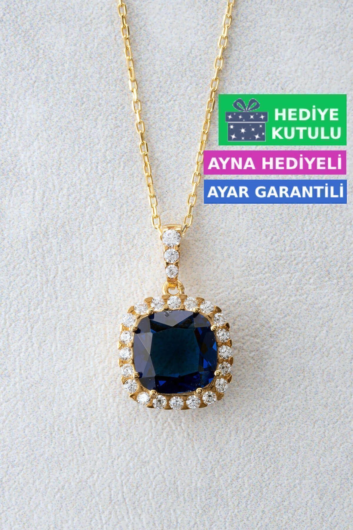 Jewelmim Mavi Taşlı Gümüş Prenses Kolye Sarı Altın Kaplama Kare Taşlı Kolye 925 Ayar Kadın Gümüş Kolye (Sarı)