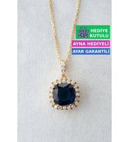 Jewelmim Mavi Taşlı Gümüş Prenses Kolye Sarı Altın Kaplama Kare Taşlı Kolye 925 Ayar Kadın Gümüş Kolye (Sarı)