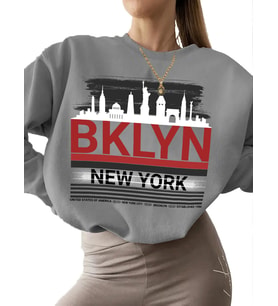 Sweatshirt kalın bisiklet yaka Bej kadın 3 iplik şardonlu unisex Brooklyn-new york Baskılı erkek (Gri)