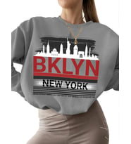 Sweatshirt kalın bisiklet yaka Bej kadın 3 iplik şardonlu unisex Brooklyn-new york Baskılı erkek (Gri)