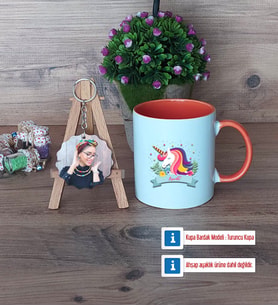 Unicorn Kupa Bardak Beyaz ve Fotoğraflı Ahşap Anahtarlık Hediye (Model 13)