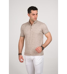 SAN&FA SLİMFİT POLO YAKA LİKRALI KÜÇÜK DESENLİ ERKEK T-SHİRT (Krem)