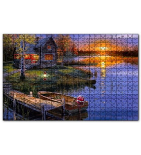 Cakapuzzle Günbatımında Göl Ağaç Ev ve Kayıklar Puzzle Yapboz MDF (Ahşap) (255 Parça)
