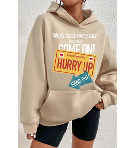 Unisex Oversize Hurry Up Baskılı Sweatshirt (Bej)