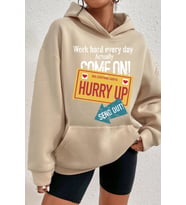 Unisex Oversize Hurry Up Baskılı Sweatshirt (Bej)