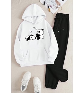 Unisex Uykucu Panda Baskılı Rahat Eşofman Takımı (Beyaz)