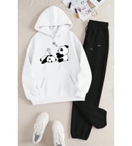 Unisex Uykucu Panda Baskılı Rahat Eşofman Takımı (Beyaz)