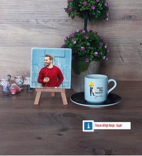 Mühendisler Günü Hediyesi Fotoğraflı Dekoratif Taş, Ahşap Altlıklı Türk Kahvesi Fincanı Hediye (Model 7)