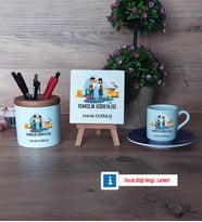 Temizlik Görevlisi Hediye Seti Dekoratif Taş, Kalemlik, Ahşap Altlıklı Türk Kahvesi Fincanı Hediye (Model 4)