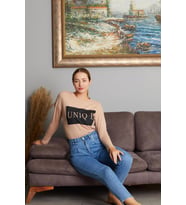 Yazı Baskılı Sweat 9130-1 (Bej)