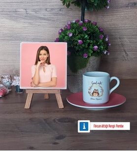 Baykuş Fotoğraflı Dekoratif Taş, Ahşap Altlıklı Türk Kahvesi Fincanı Hediye (Model 6)