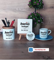 Anestezi Teknisyeni Hediye Seti Dekoratif Taş, Kalemlik, Ahşap Altlıklı Türk Kahvesi Fincanı, Ahşap Anahtarlık Hediye (Model 5)