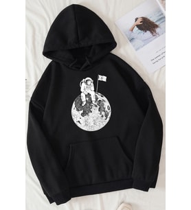 Unisex Astronot Baskılı Sweatshirt (Siyah)