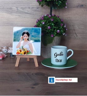 Gelin Fotoğraflı Dekoratif Taş, Ahşap Altlıklı Türk Kahvesi Fincanı Hediye (Model 9)