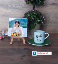Gelin Fotoğraflı Dekoratif Taş, Ahşap Altlıklı Türk Kahvesi Fincanı Hediye (Model 9)