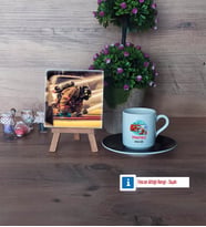 İtfaiyeci Fotoğraflı Dekoratif Taş, Ahşap Altlıklı Türk Kahvesi Fincanı Hediye (Model 7)