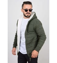 Erkek İçi Kürklü Kapüşonlu Fermuarlı Triko Hırka T743 (Yeşil)
