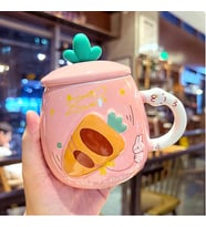 500ml Sevimli Karikatür Seramik Kapaklı Tavşan Kupa Bardak Seti (Pembe)