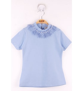 Toontoy Kız Çocuk Yaka Dantelli İnci Detaylı Okul Tişört (Mavi)