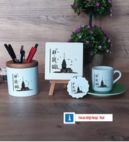 Kız Kulesi Hediye Seti Dekoratif Taş, Kalemlik, Ahşap Altlıklı Türk Kahvesi Fincanı, Ahşap Anahtarlık HediyeArkadaşa Hediye (Model 9)
