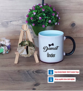 Damat Kupa Bardak Beyaz ve Fotoğraflı Ahşap Anahtarlık Hediye (Model 9)