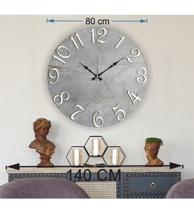Markakanvas Mermer Desenli ,Ayna Rakamlı Duvar Saati   ( Çap 50 cm - 80 cm ) (Beyaz)