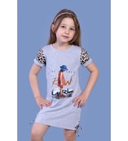 Toontoy Kız Çocuk Leopar Detaylı Baskılı Elbise ( Gri-Melanj)