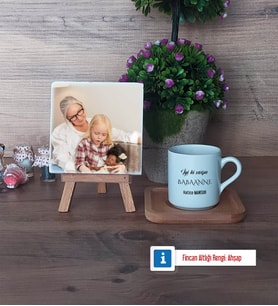 Babaanneye Hediye Fotoğraflı Dekoratif Taş, Ahşap Altlıklı Türk Kahvesi Fincanı Hediye (Model 1)